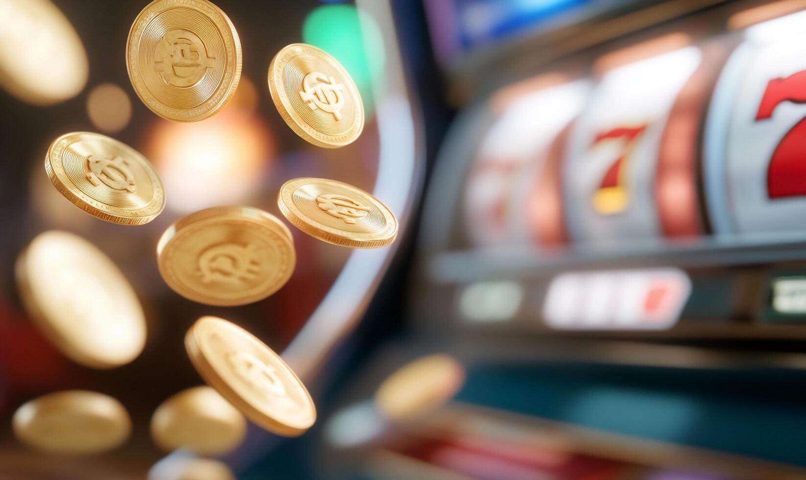 A dynamic scene featuring coins and a slot machine, symbolizing gambling. photo