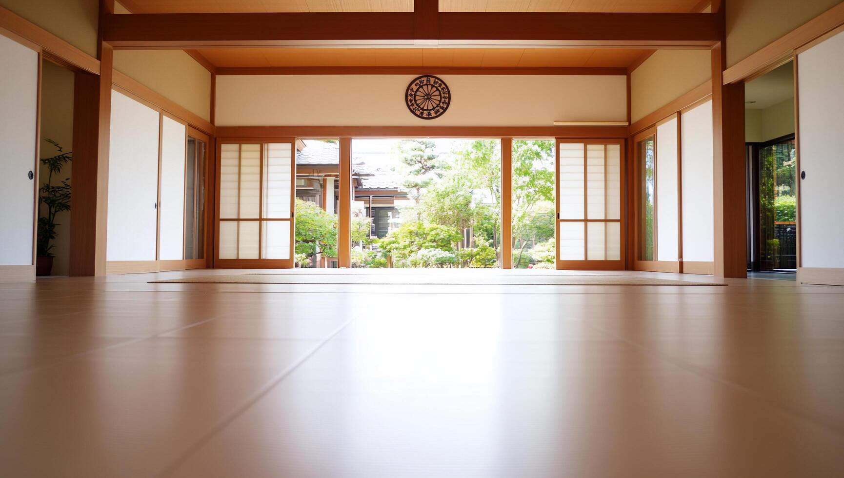 A serene interior space with sliding doors and a garden view. photo