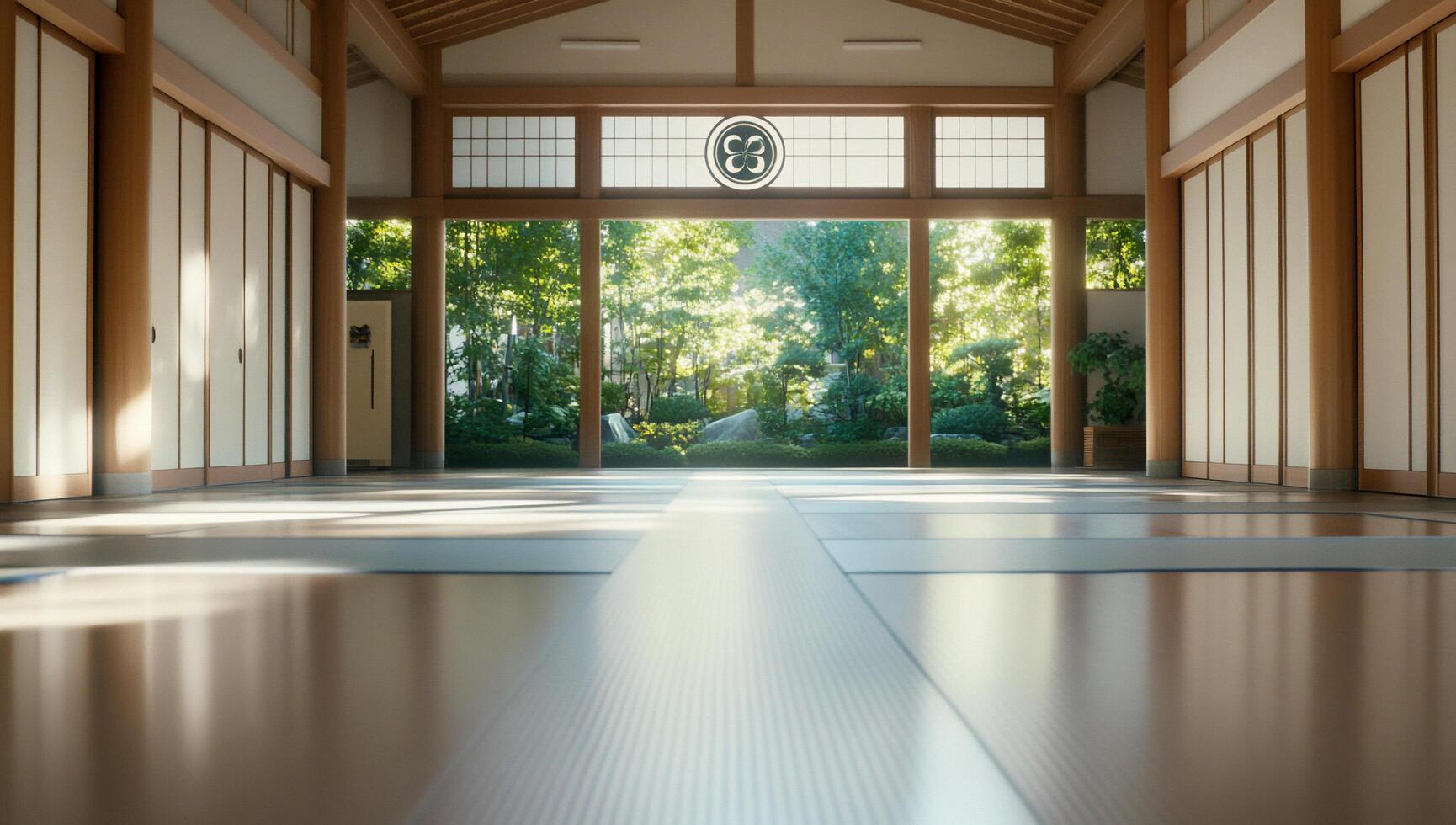 Serene interior of a traditional space with a view of a garden. photo