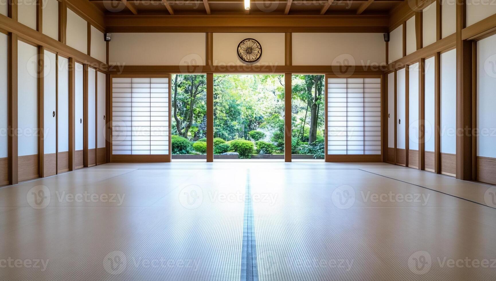 An empty room with wooden floors and large windows photo