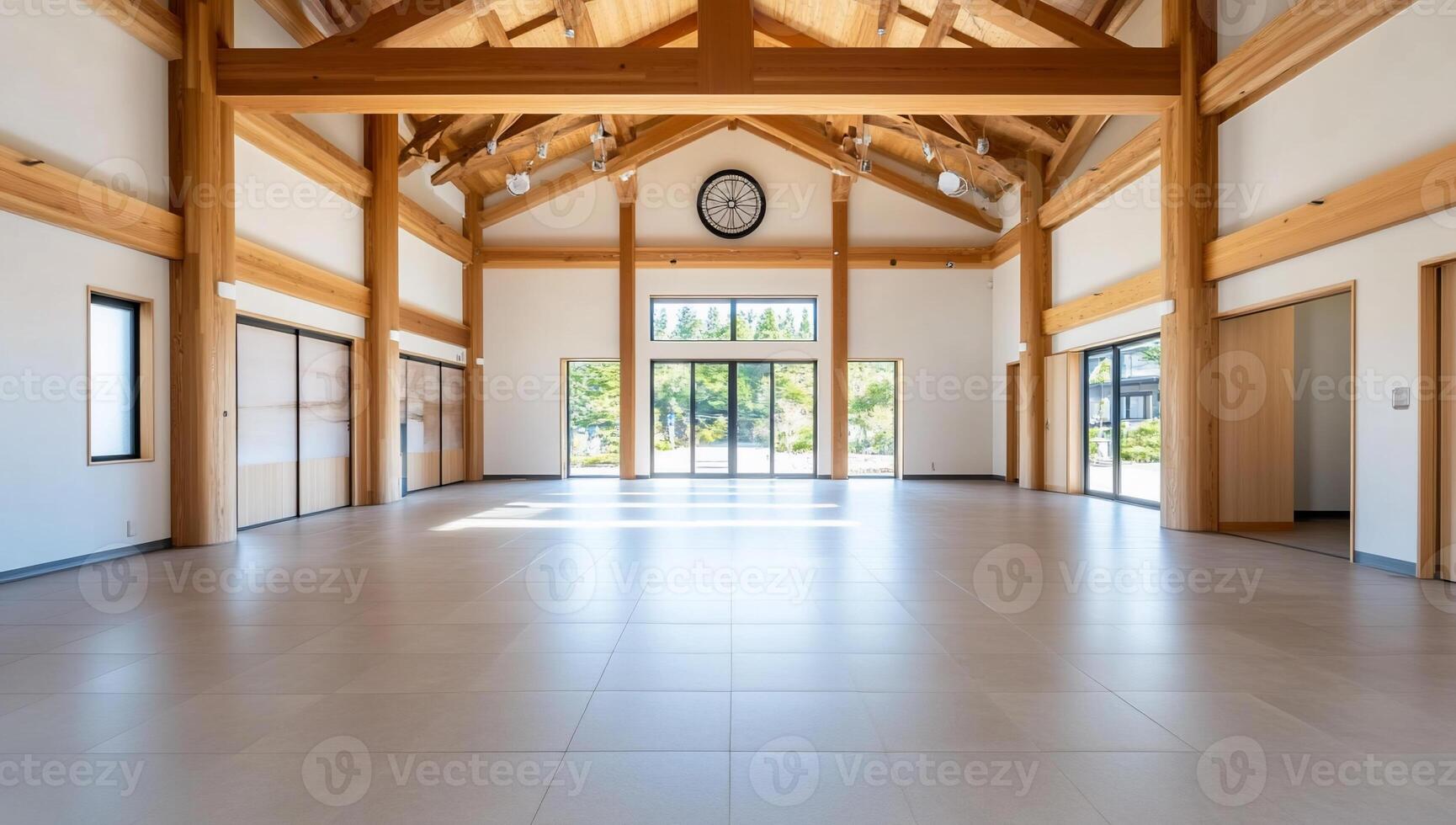 A large room with wooden beams and windows photo
