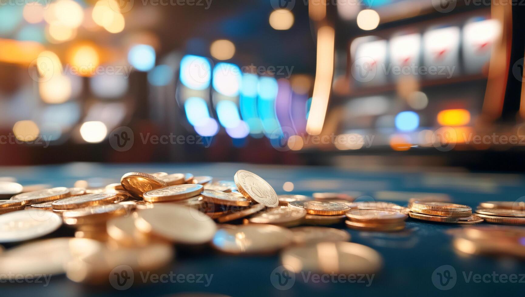Casino chips on a table in front of a slot machine photo