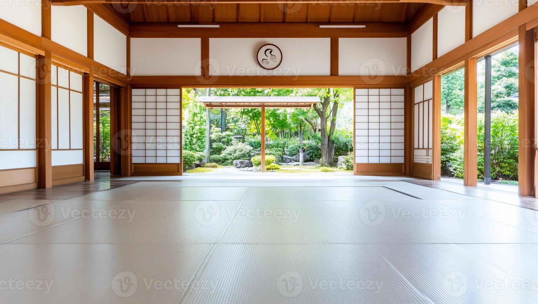 An empty room with white floor and wooden walls photo