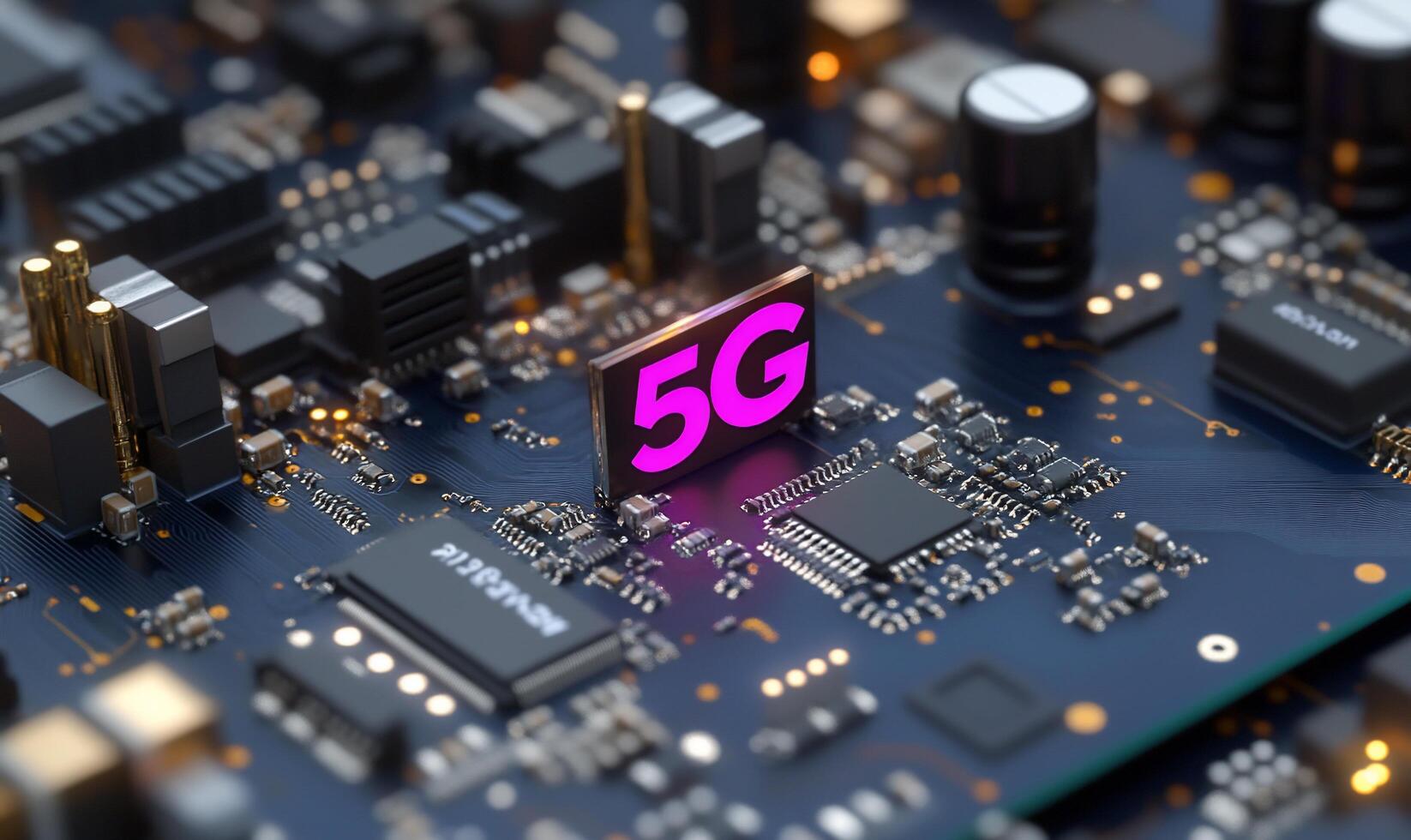 Close-up of a circuit board featuring a prominent 5G chip. photo
