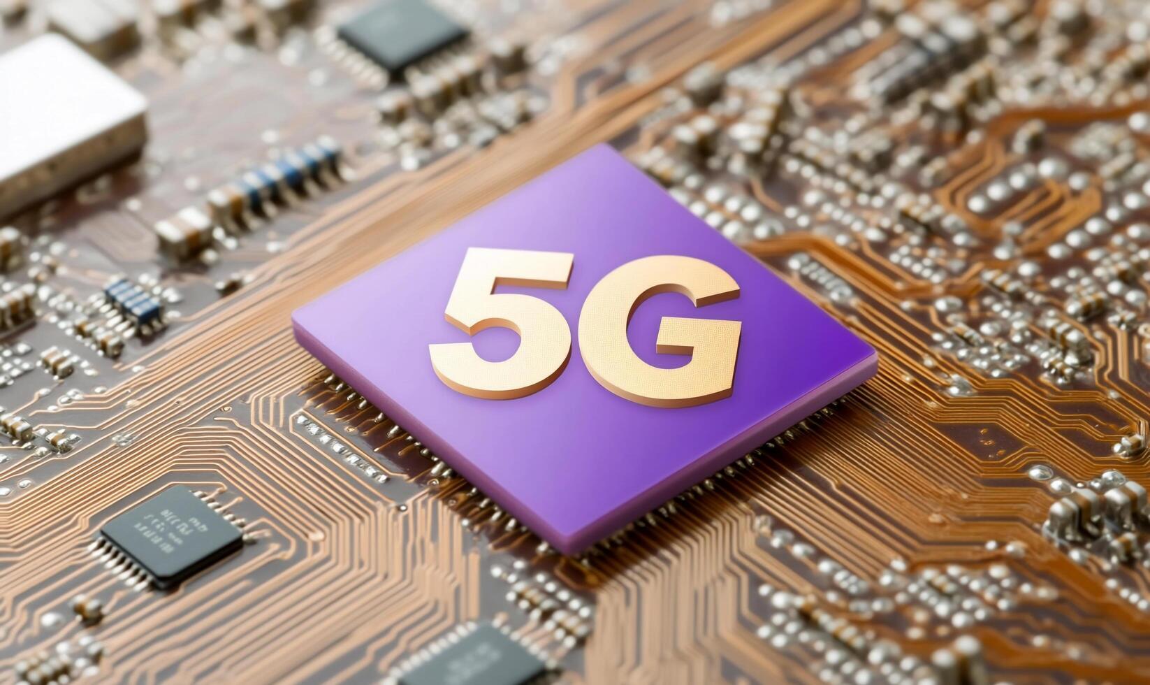 A close-up of a 5G chip on a circuit board, highlighting technology. photo