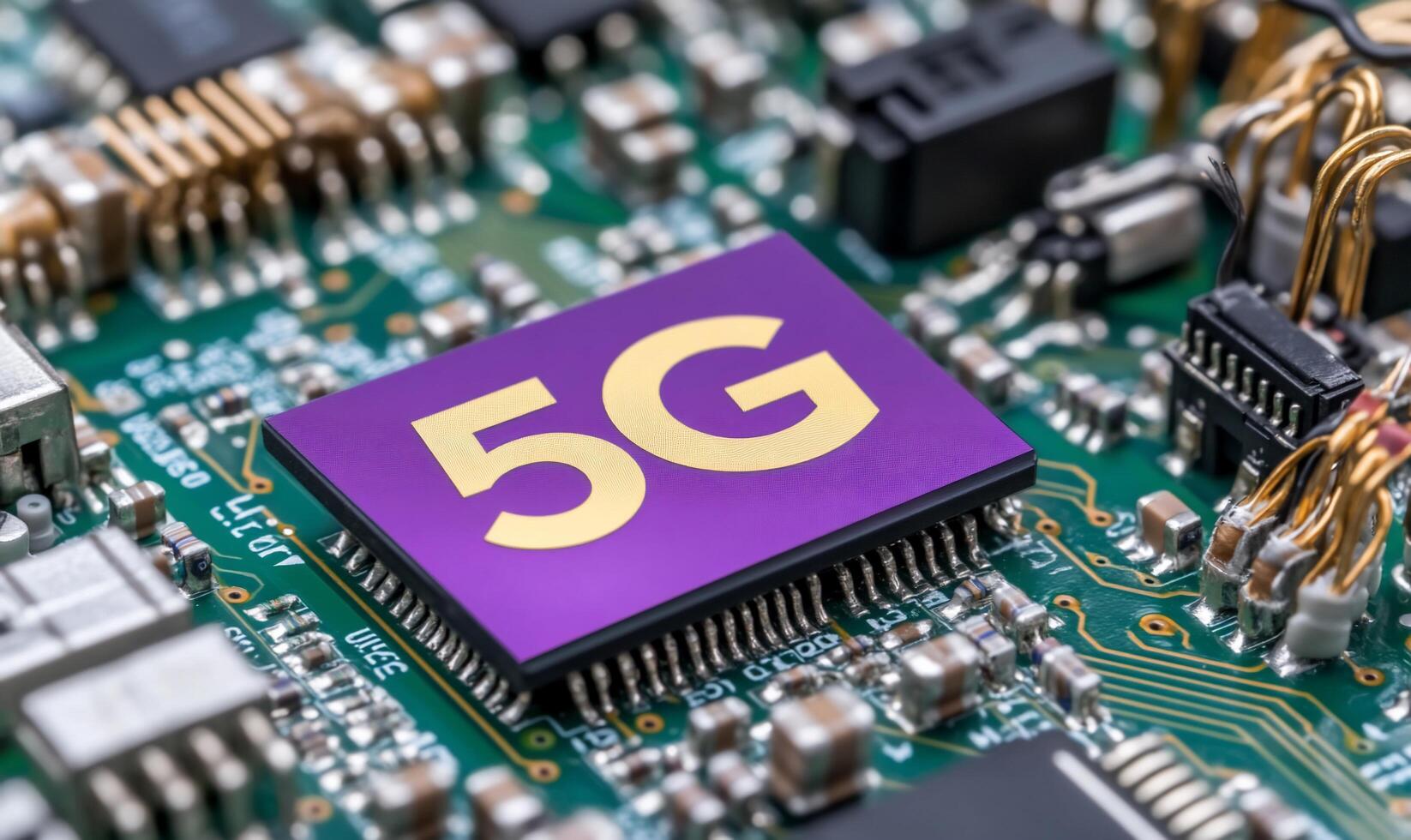 A close-up of a 5G chip on a circuit board, emphasizing technology. photo