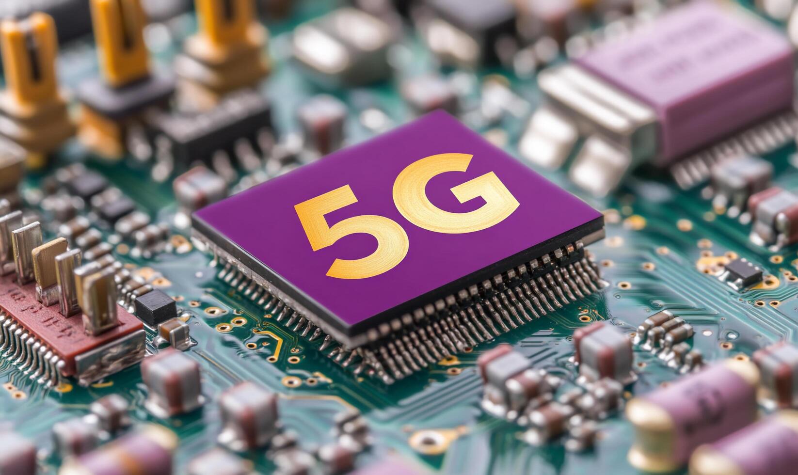 Close-up of a circuit board featuring a 5G chip for telecommunications. photo