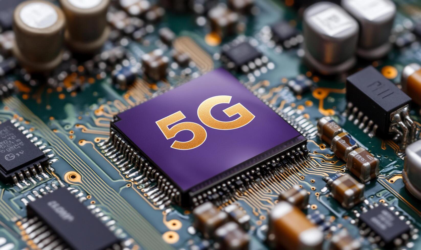 A close-up of a circuit board featuring a prominent 5G chip. photo