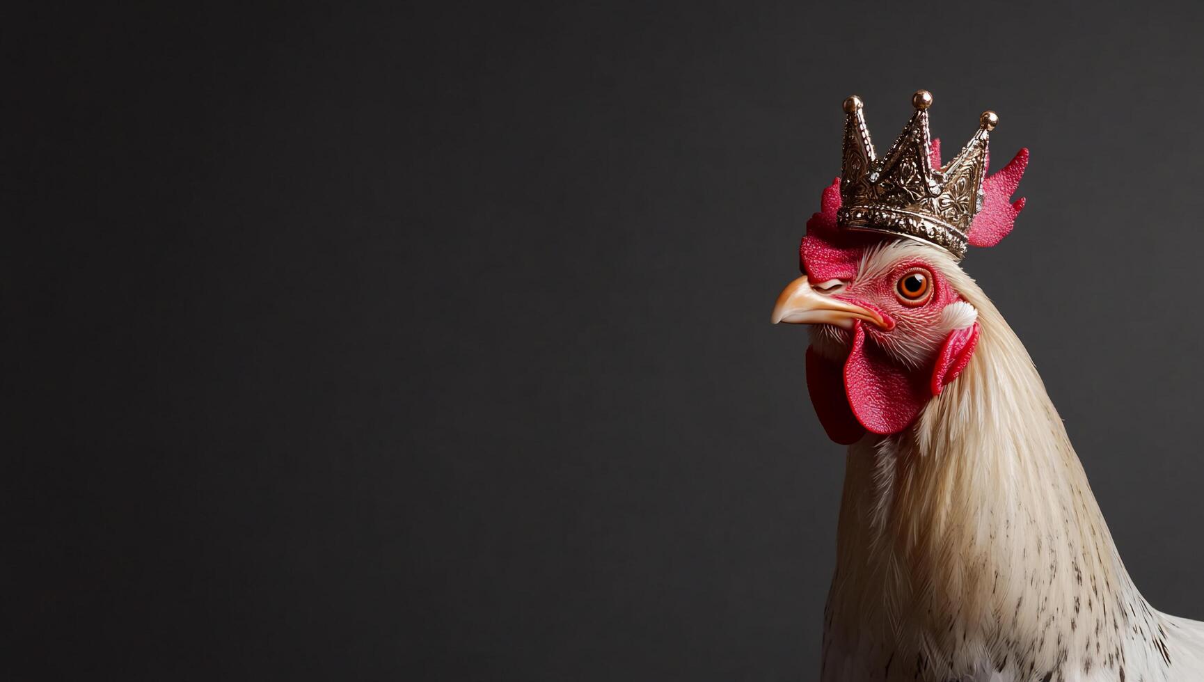 A crowned chicken poses against a dark background, exuding regal charm. photo