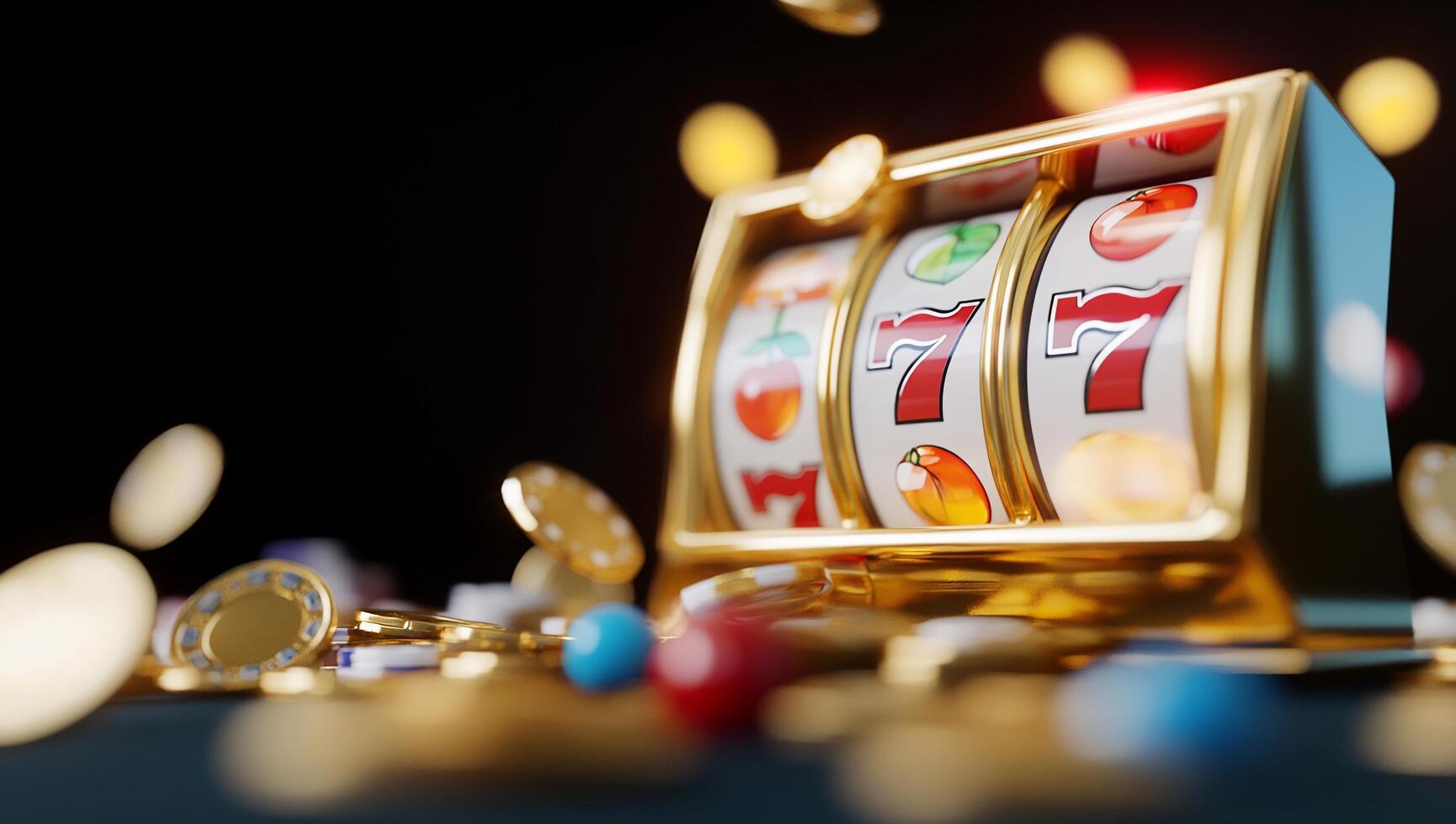 A vibrant slot machine surrounded by colorful coins and tokens. photo