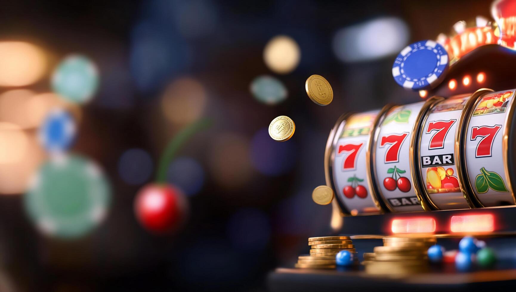 A close-up of a slot machine with coins and symbols, representing gambling. photo