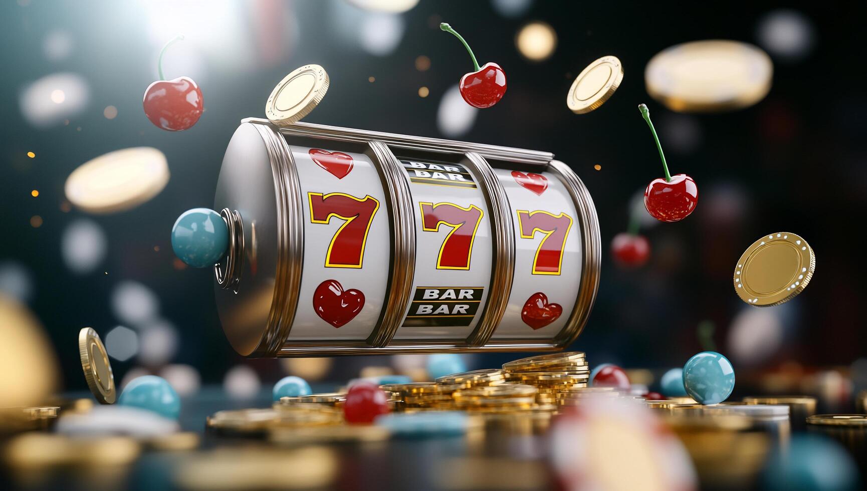A vibrant slot machine surrounded by coins and cherries, symbolizing gambling. photo