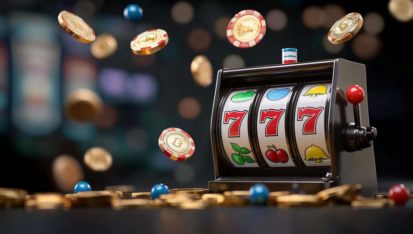 A classic slot machine with coins and symbols, representing gambling fun. photo