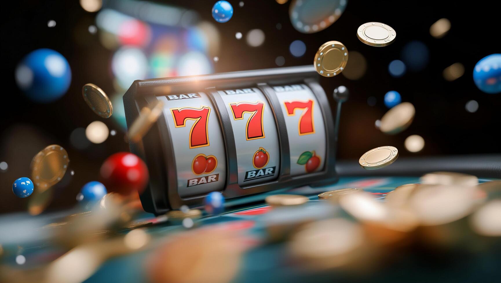 A slot machine with spinning reels and scattered coins, symbolizing gambling. photo