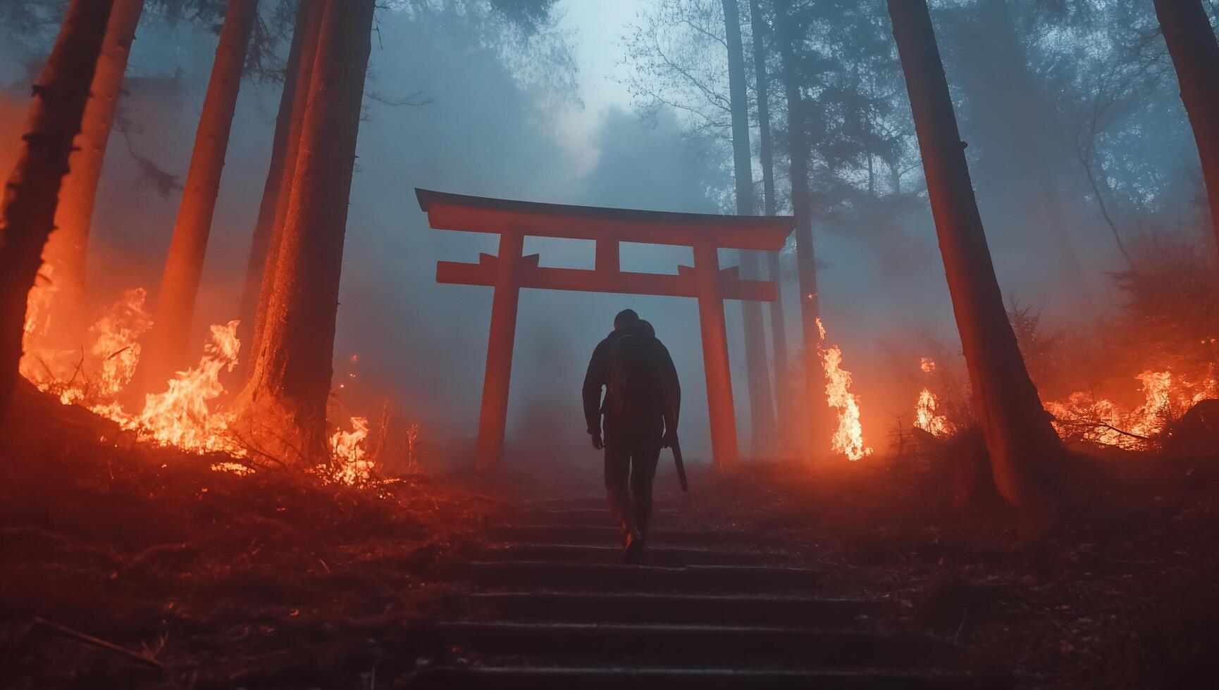 A figure walks towards a torii gate amidst a smoky, fiery forest. photo