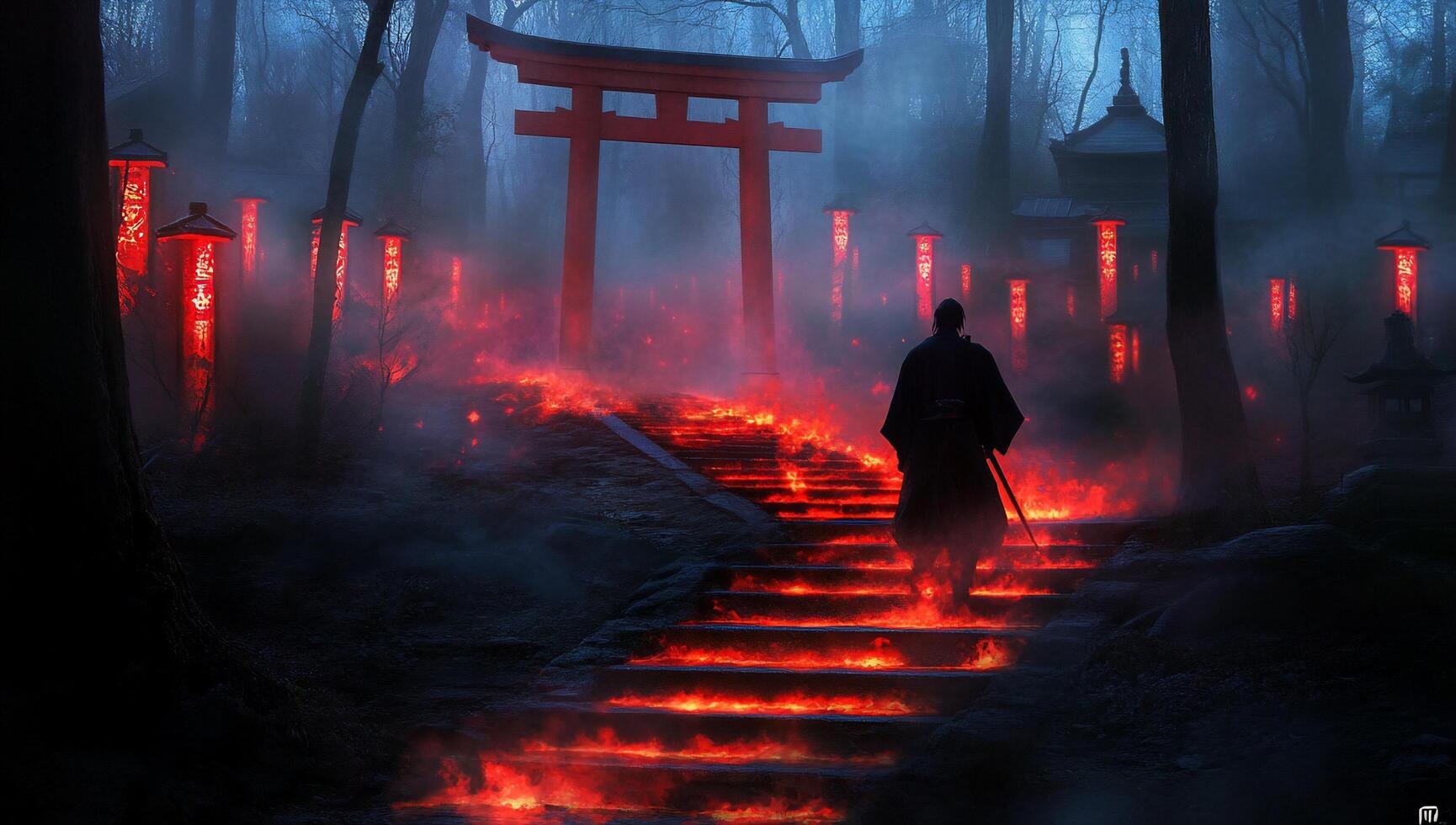 A lone figure walks through a mystical forest with fiery paths and lanterns. photo