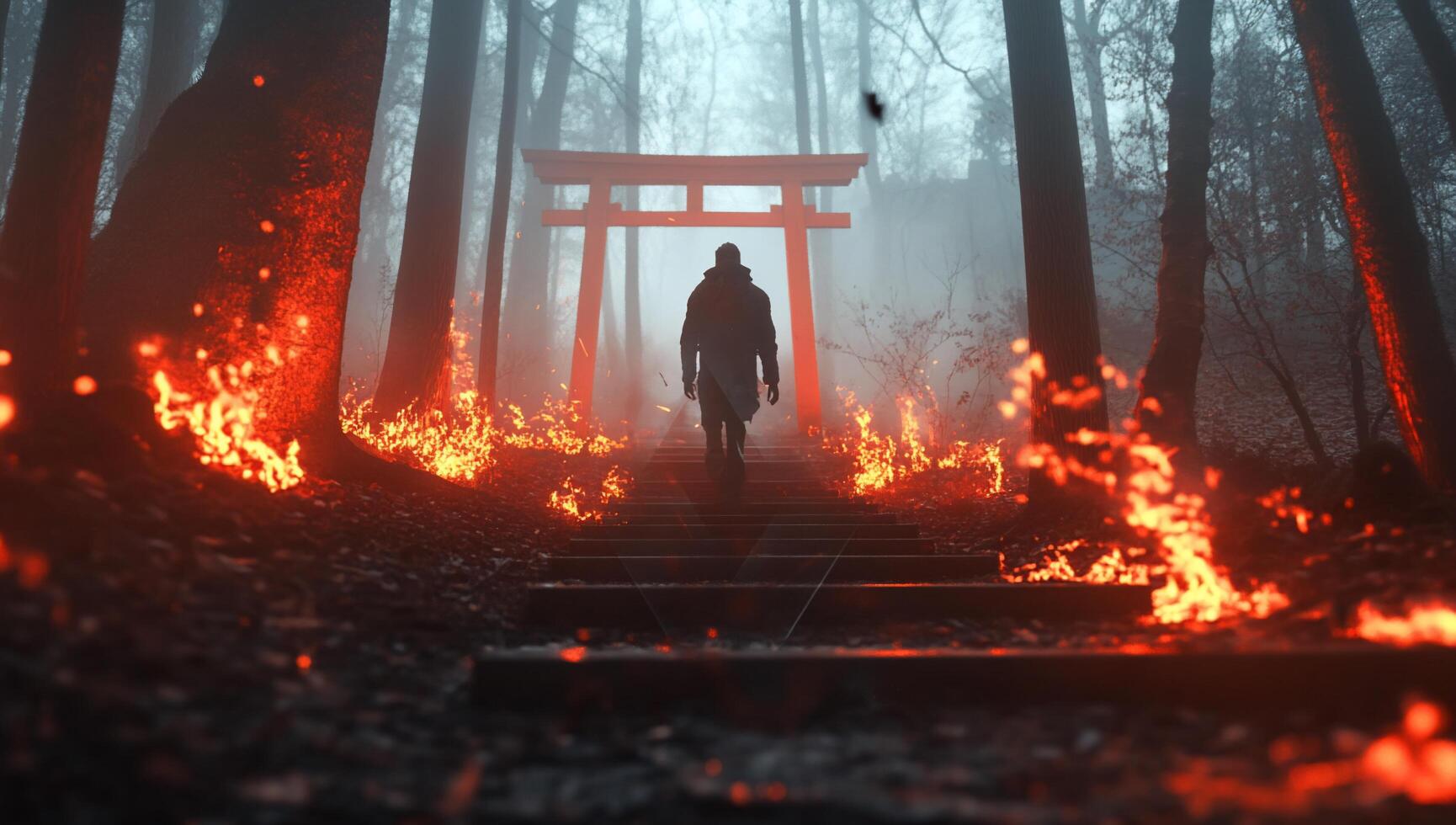 A mysterious figure walks through a foggy forest with a torii gate. photo