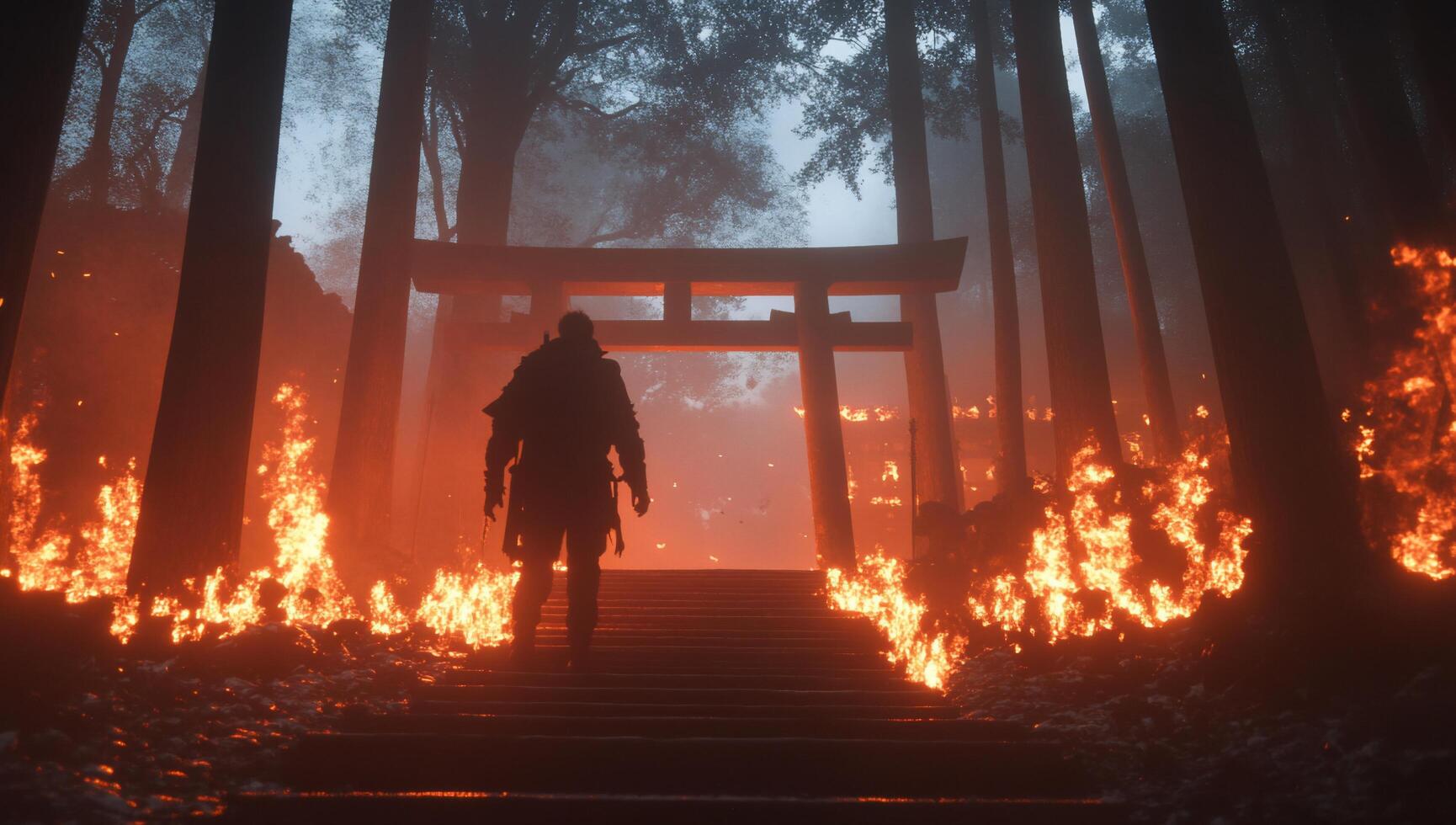 A figure stands before a torii gate surrounded by flames in a forest. photo