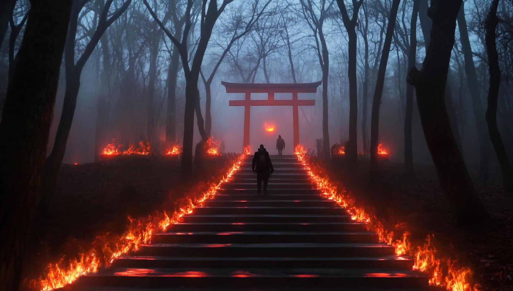A misty forest path leads to a torii gate, surrounded by flames. photo
