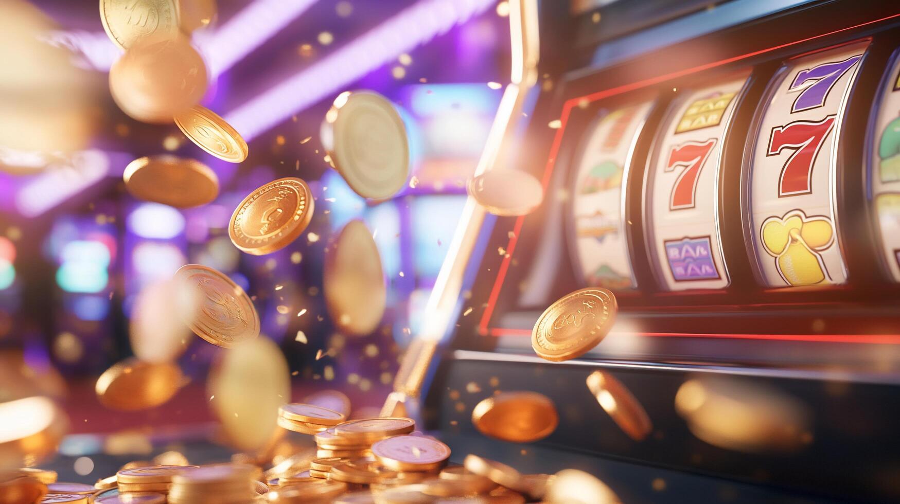 A close-up of a slot machine with coins spilling around it. photo