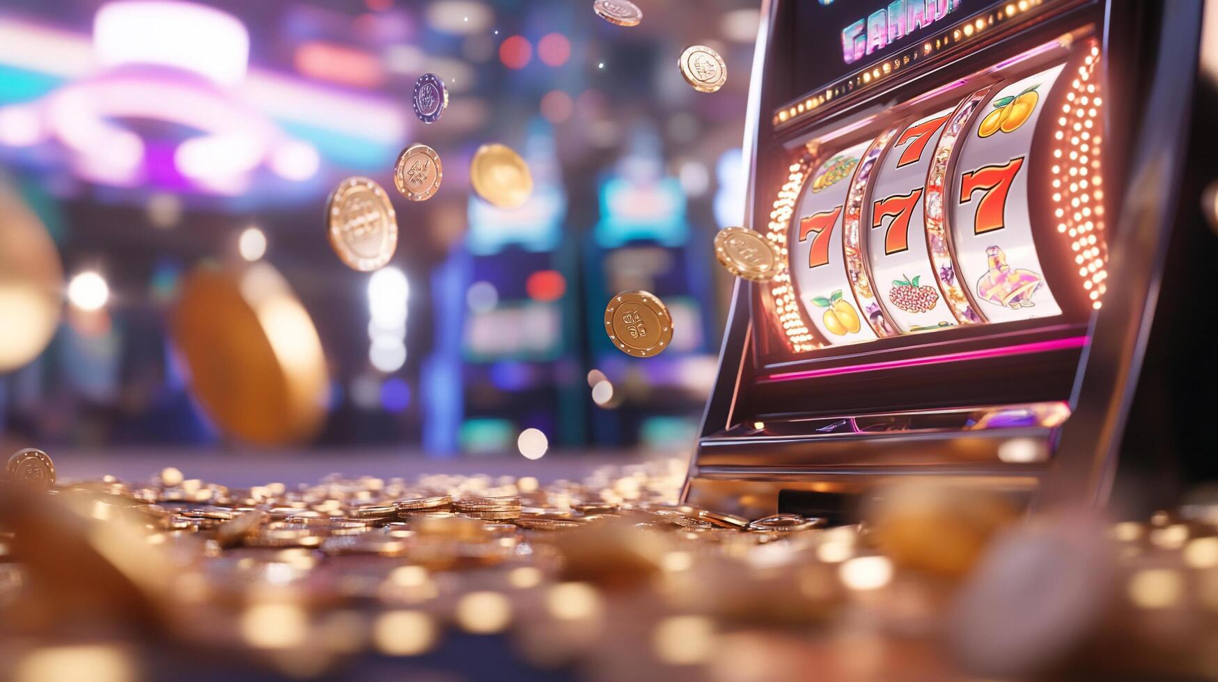 A close-up of a slot machine with coins and colorful lights. photo