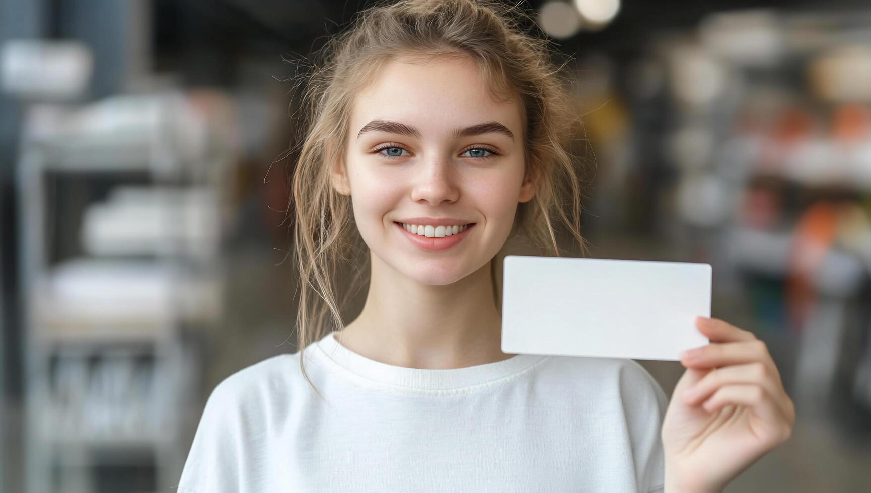 A smiling young woman holding a blank card in a modern setting. photo