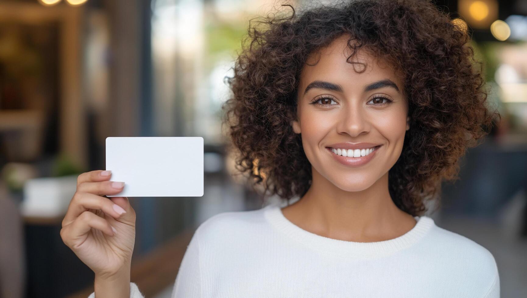 A smiling woman holds a blank card, showcasing positivity and engagement. photo