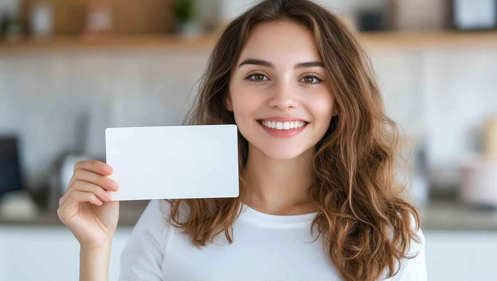 A smiling woman holds a blank card, showcasing happiness and positivity. photo
