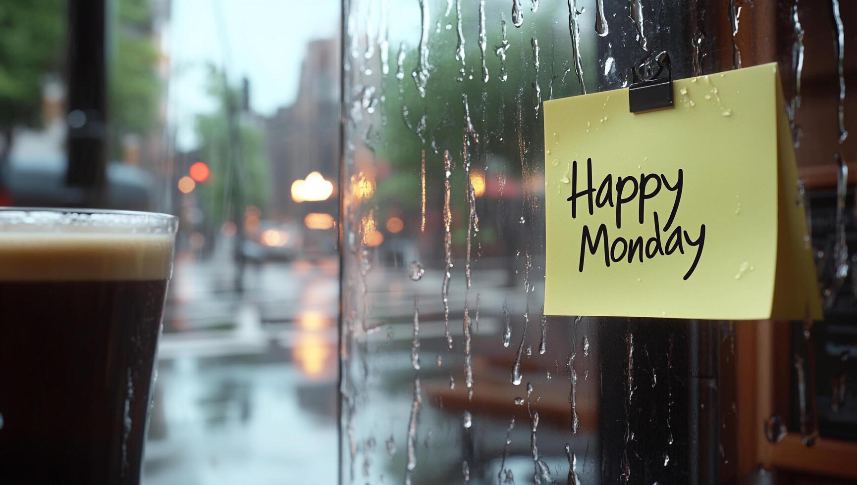 A rainy scene with a coffee cup and a cheerful note on a window. photo