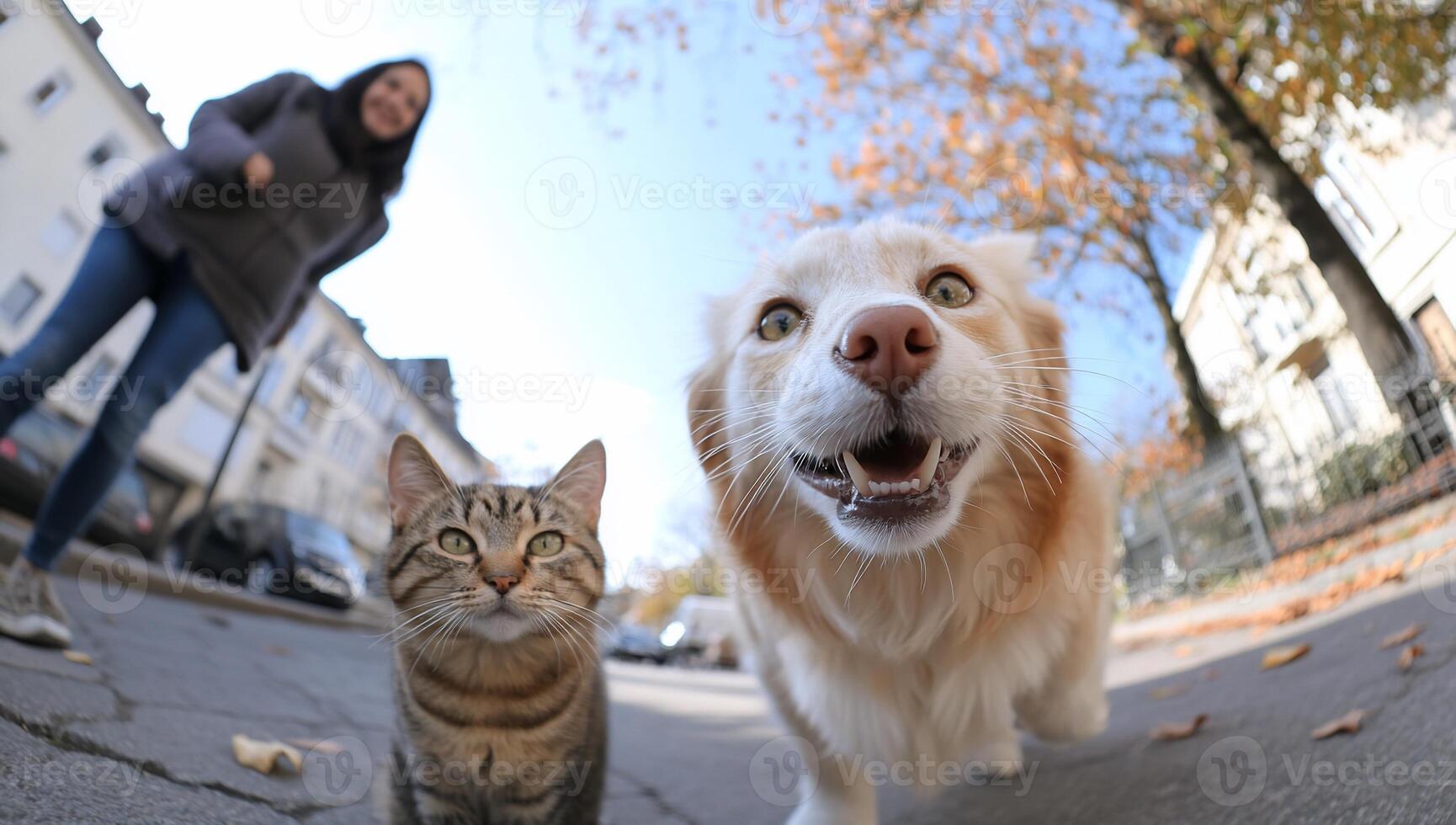 A joyful dog and a curious cat on a city street with a person nearby. photo