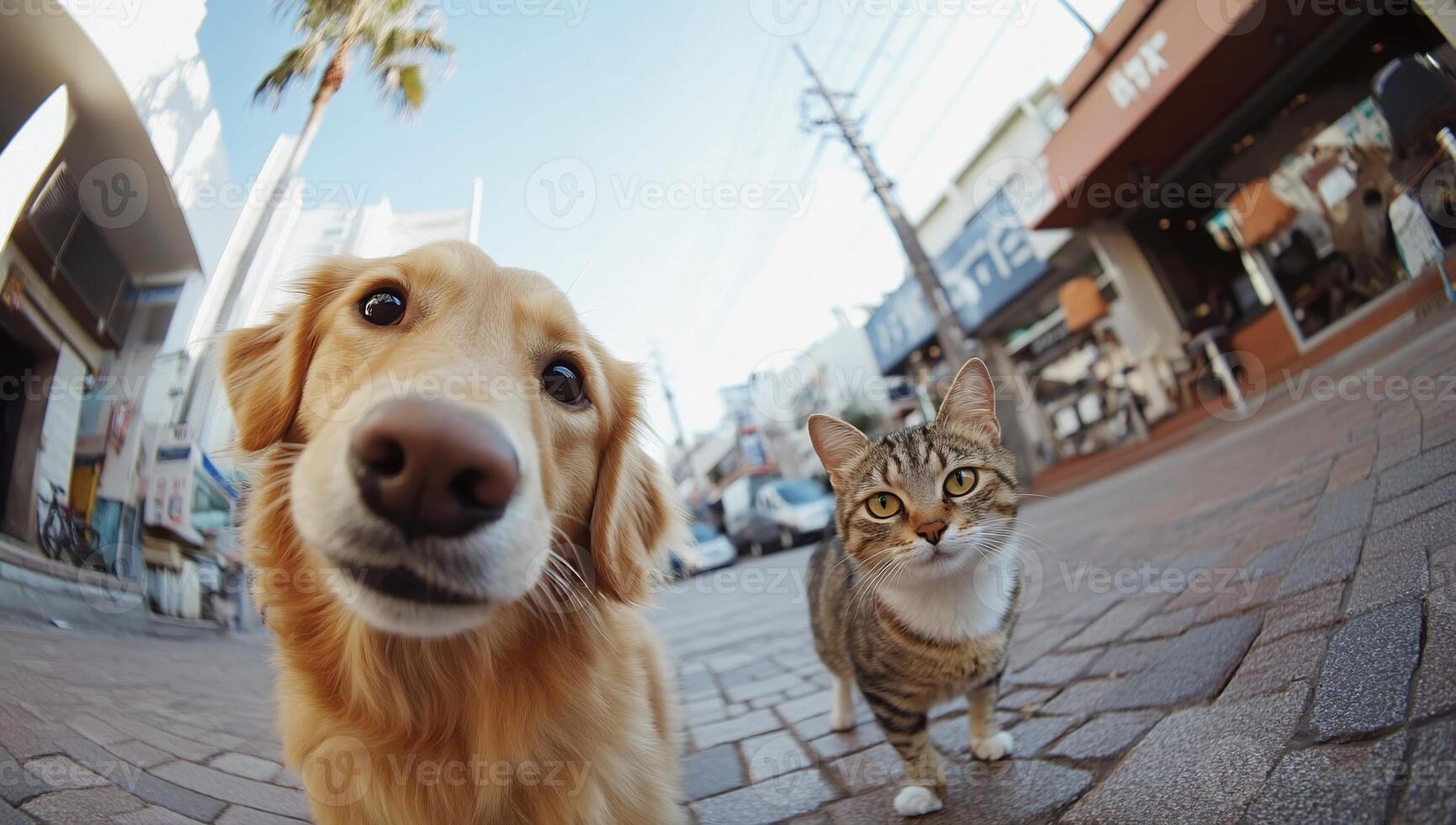 A golden retriever and a tabby cat curiously exploring a street. photo