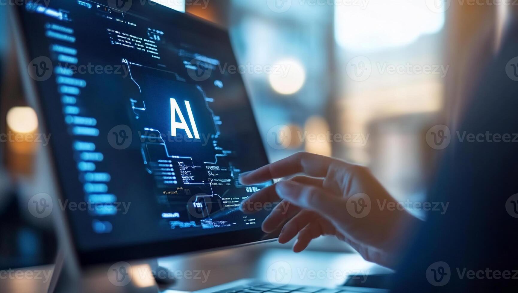 A person interacting with a computer screen displaying AI-related data. photo