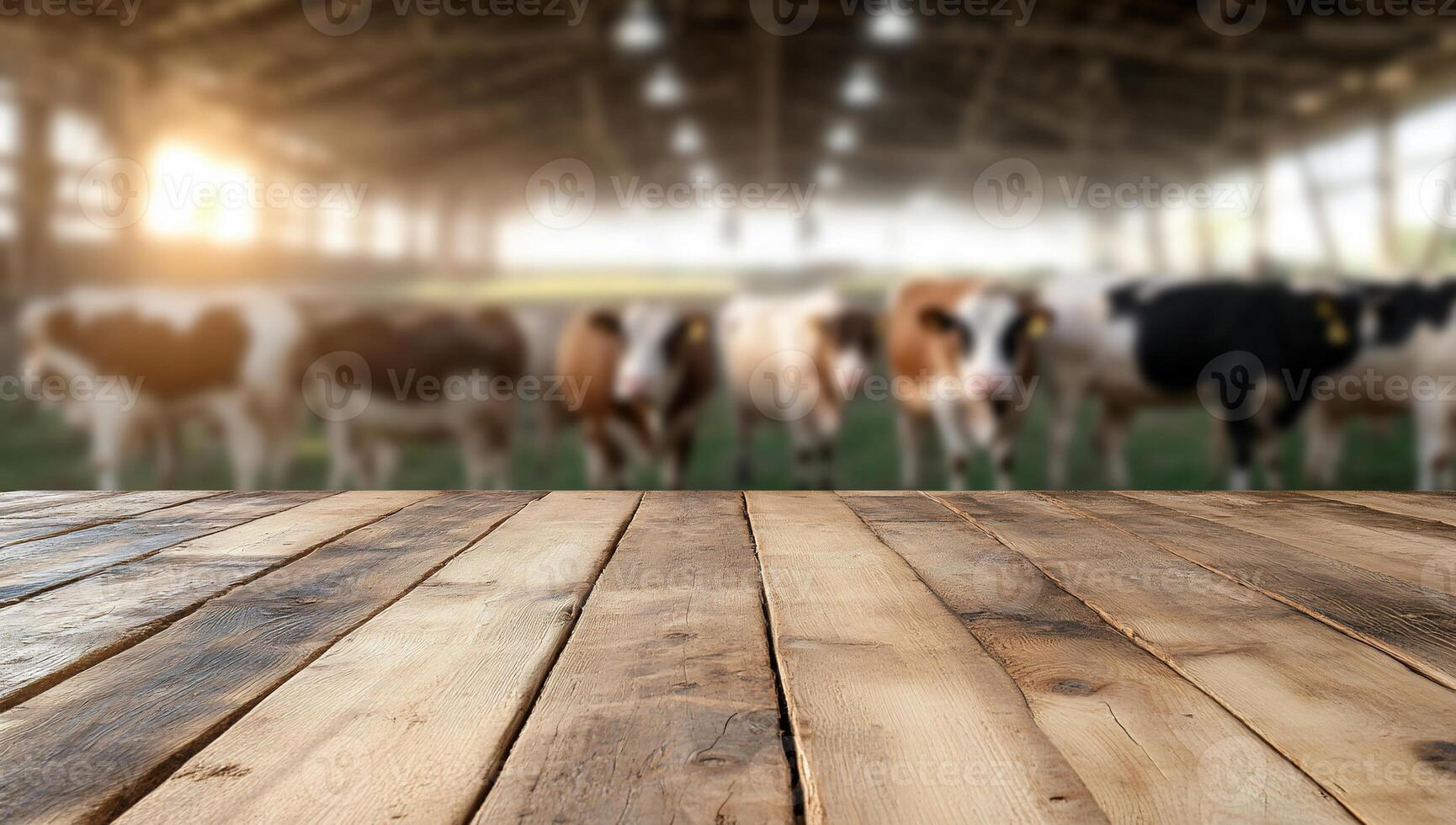 A blurred background of cows in a barn with a wooden table in front. photo