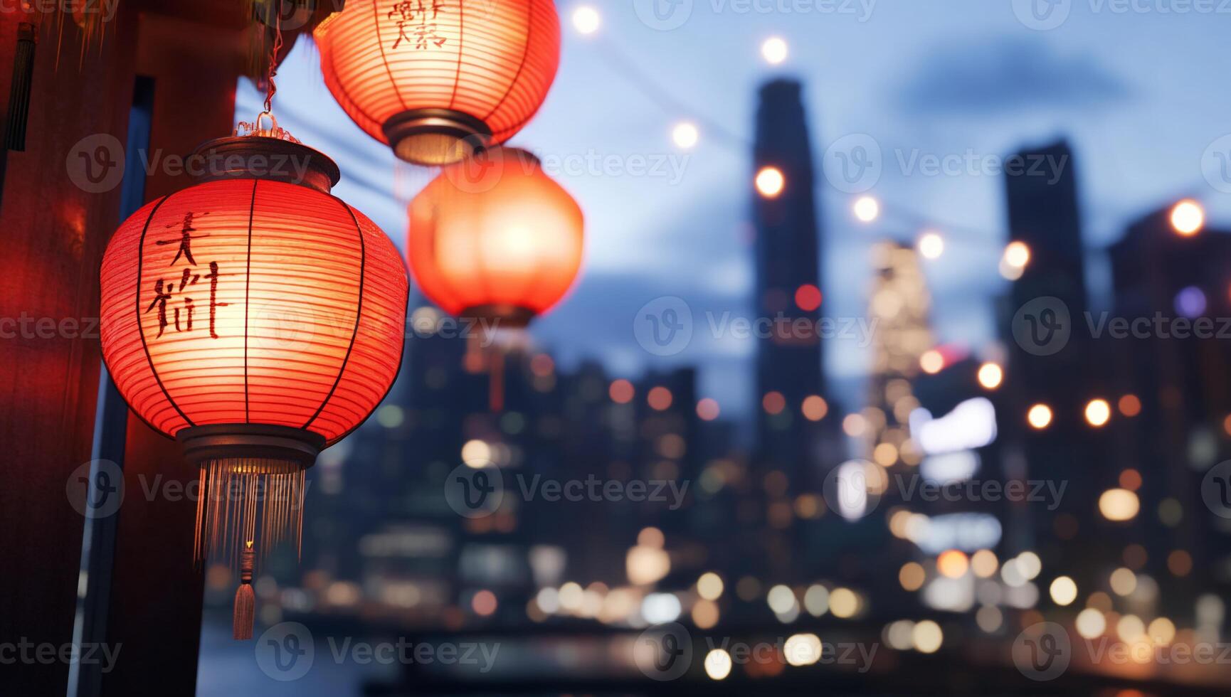 Red lanterns illuminate a city skyline at dusk, creating a festive atmosphere. photo