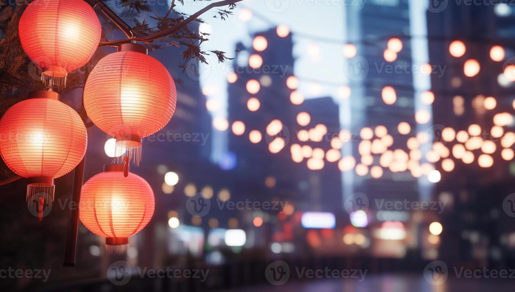 Red paper lanterns hanging from a tree in a city photo