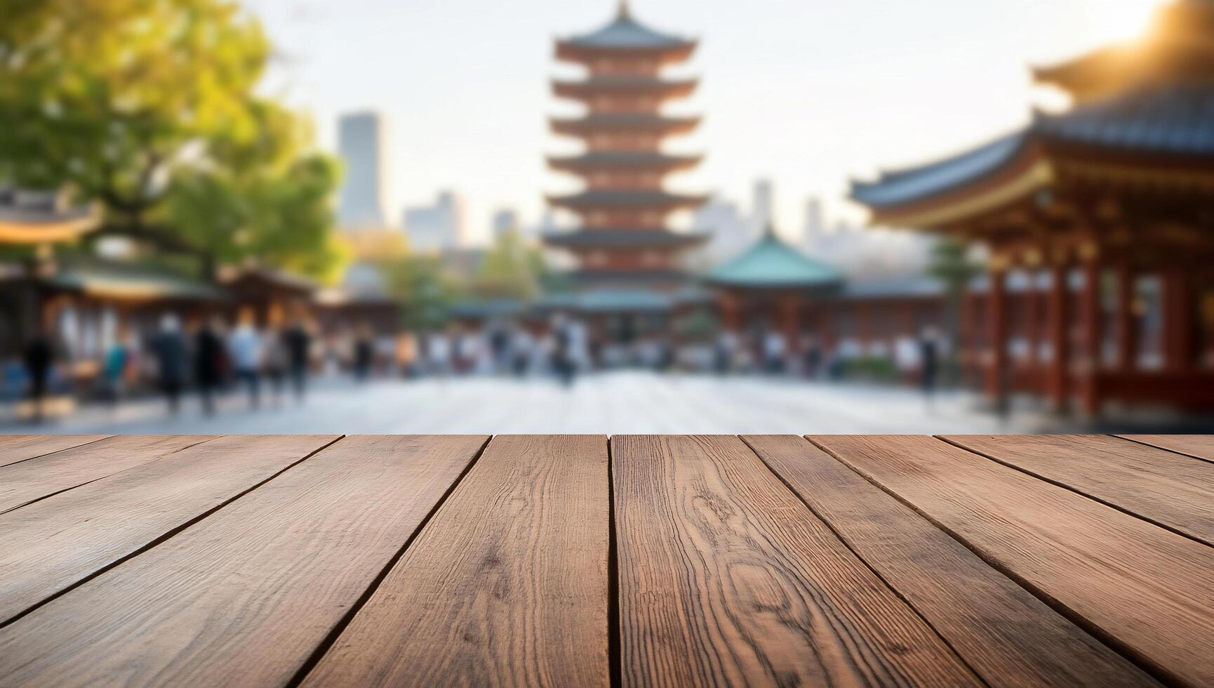 A blurred cityscape featuring a traditional pagoda and wooden foreground. photo
