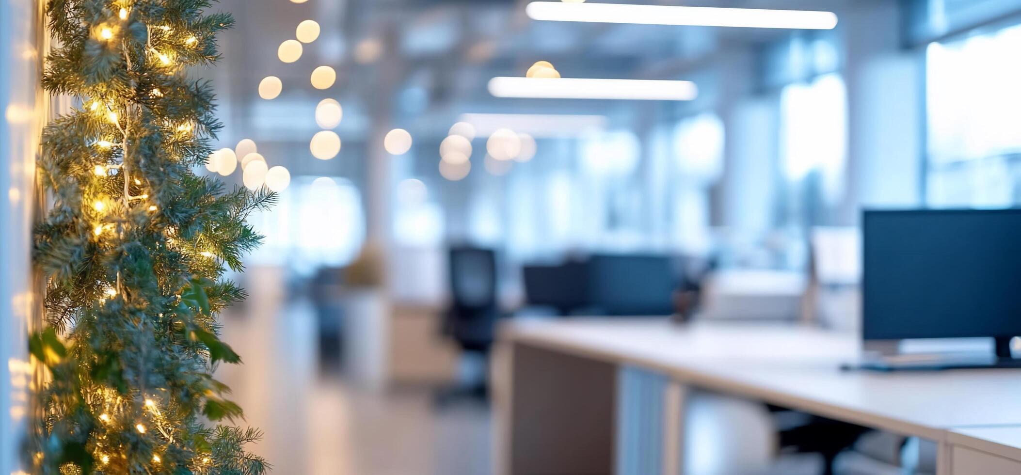 A festive office space decorated with lights and greenery. photo