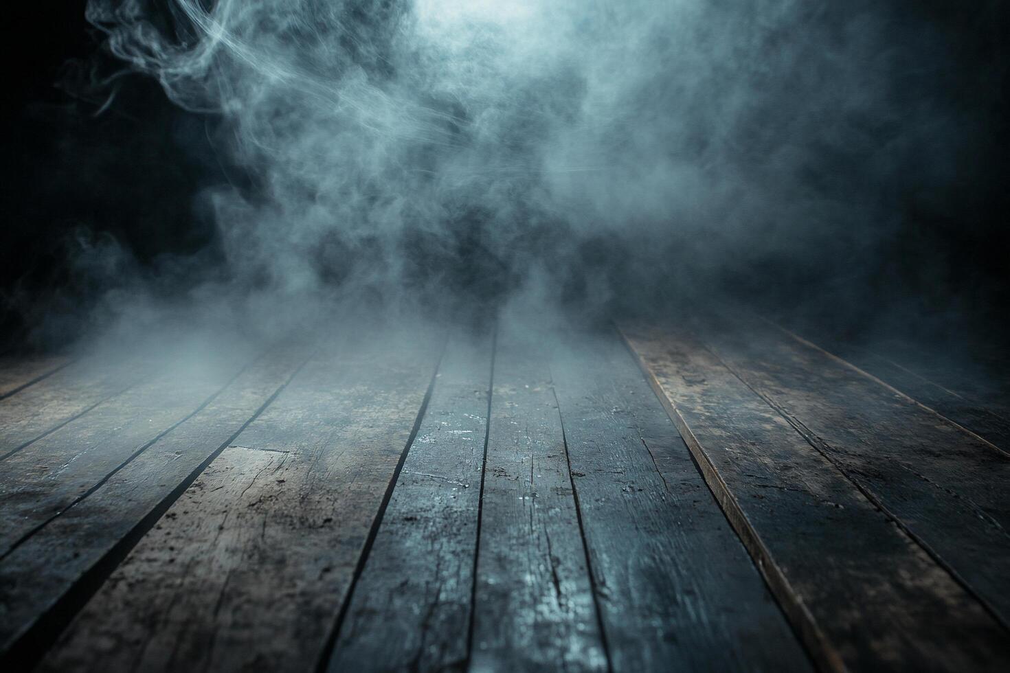 A misty atmosphere over a wooden floor, creating a mysterious ambiance. photo