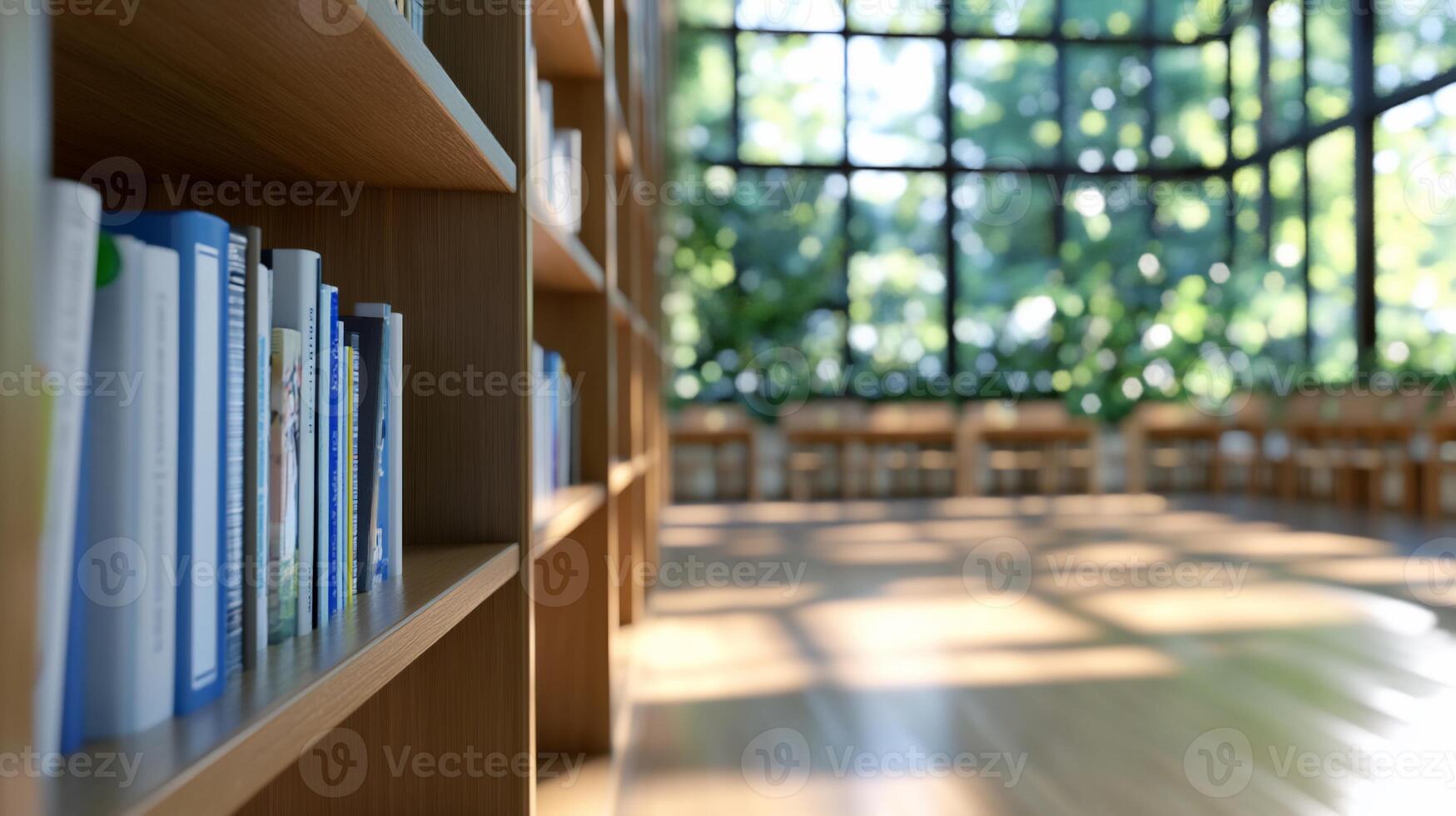A serene library space with bookshelves and natural light. photo