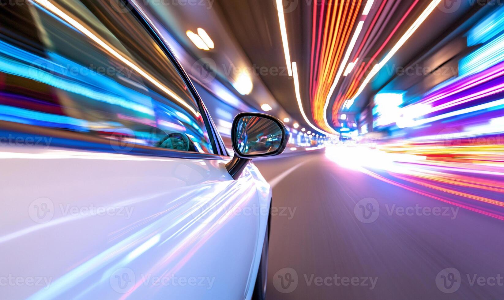 A dynamic view of a car in motion through a brightly lit tunnel. photo