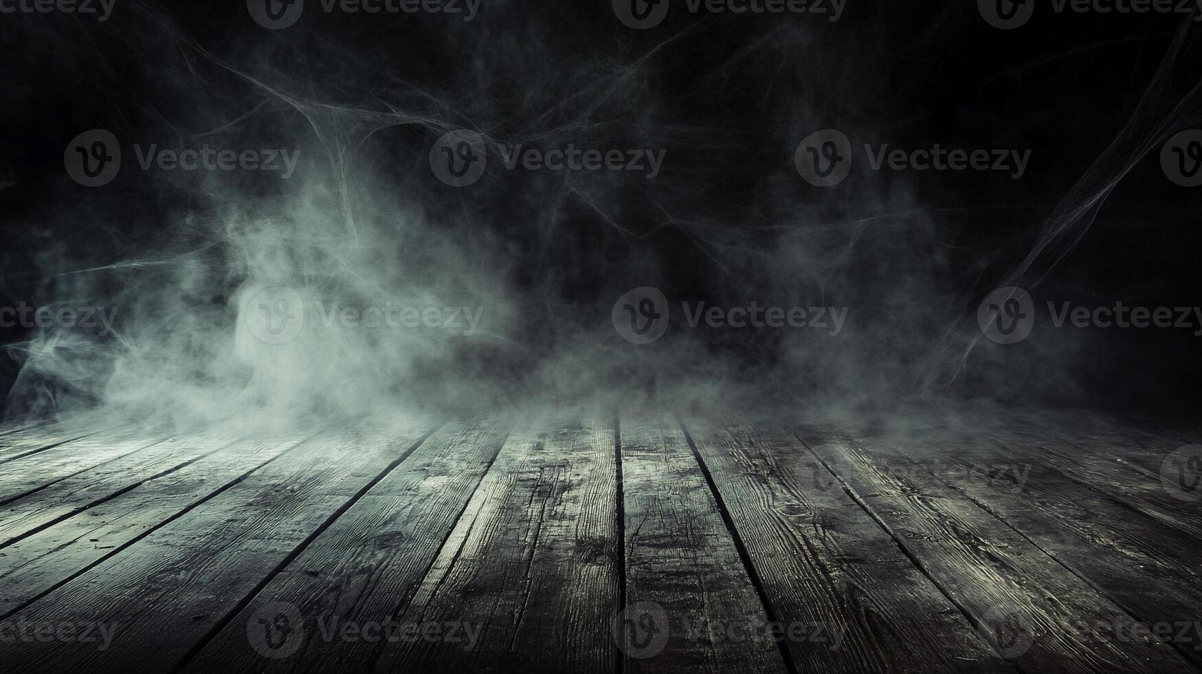 A dark, foggy scene with wooden floorboards, creating an eerie atmosphere. photo