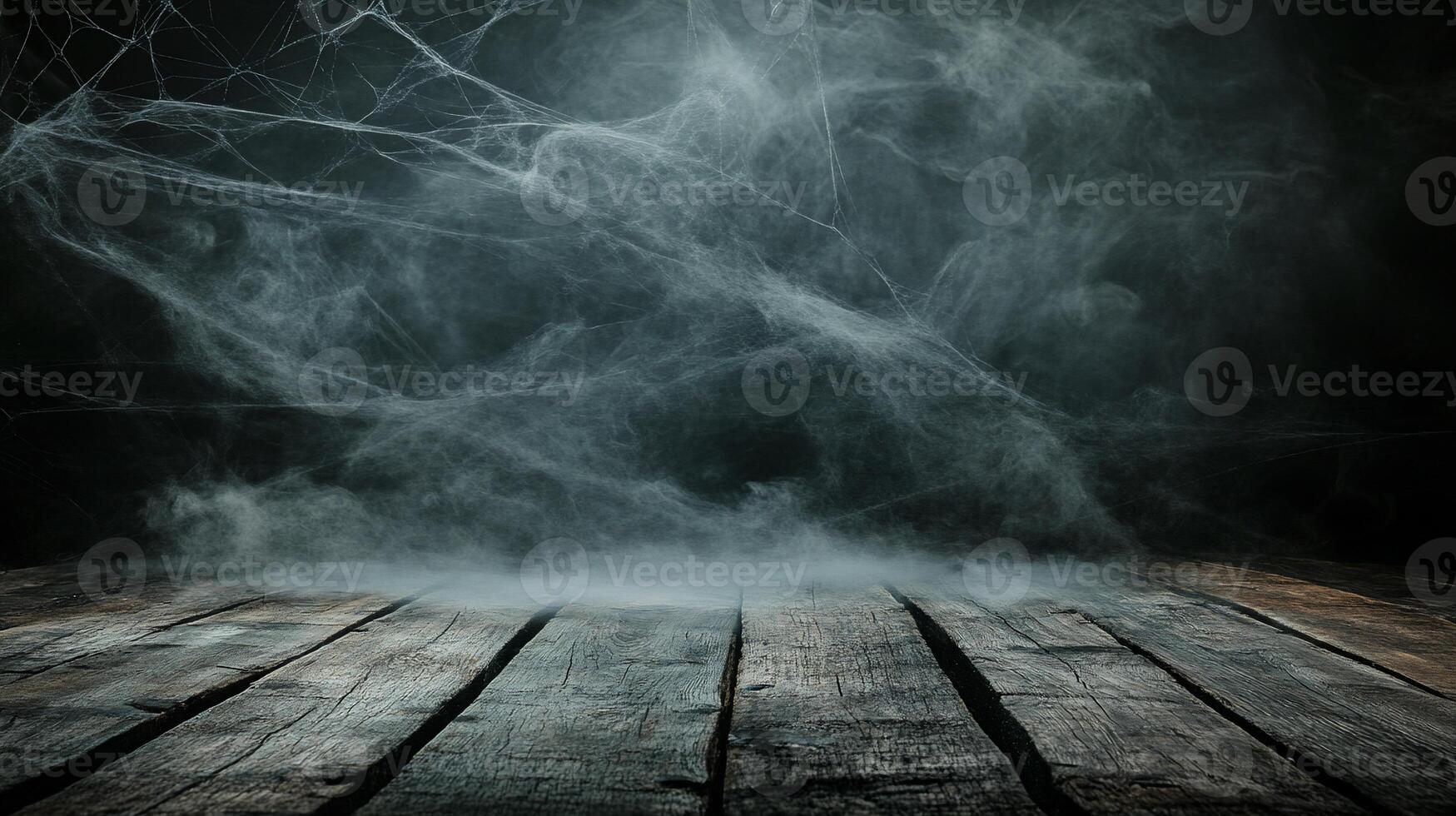 A dark, misty scene with cobwebs and wooden flooring. photo