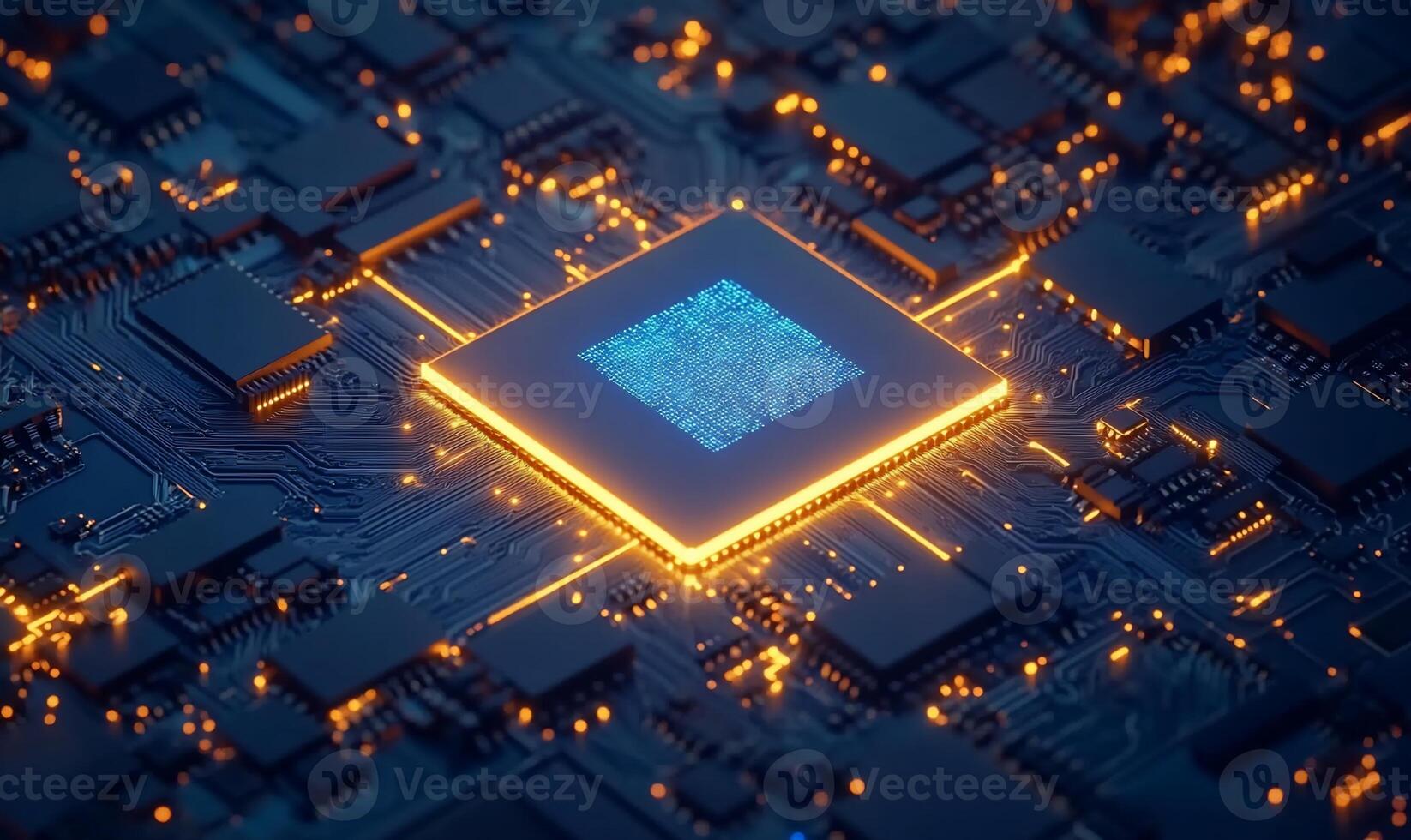 A close-up view of a microprocessor on a circuit board. photo
