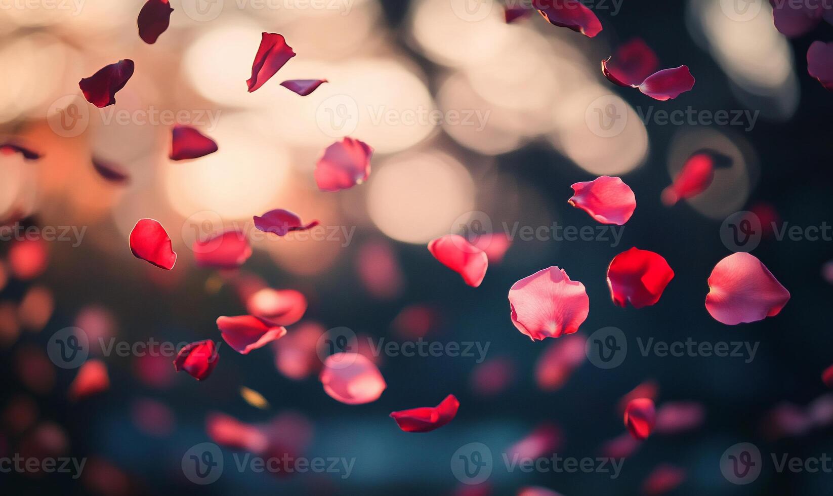 A cascade of pink rose petals falling softly in a blurred background. photo