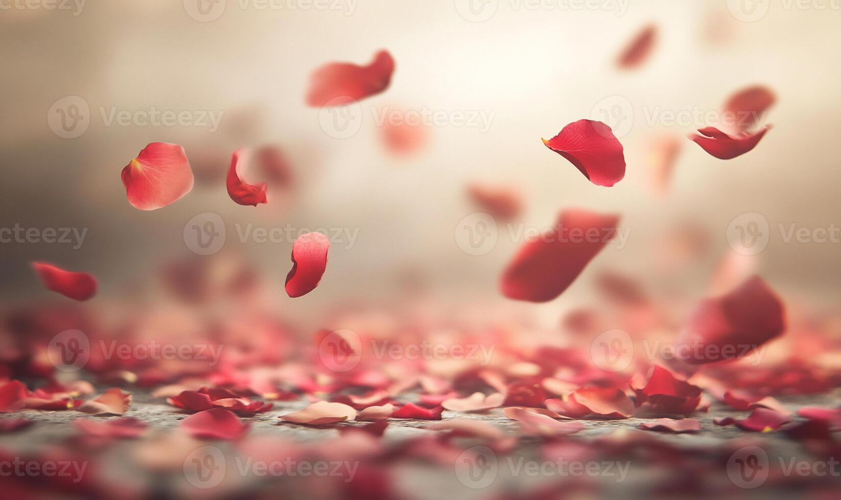 Delicate rose petals floating above a bed of scattered petals. photo