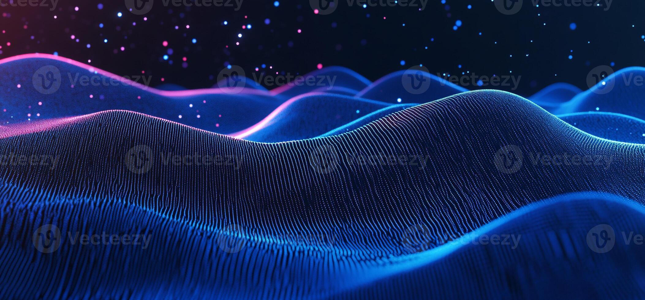 Abstract digital waves with glowing lines and particles in a dark space. photo