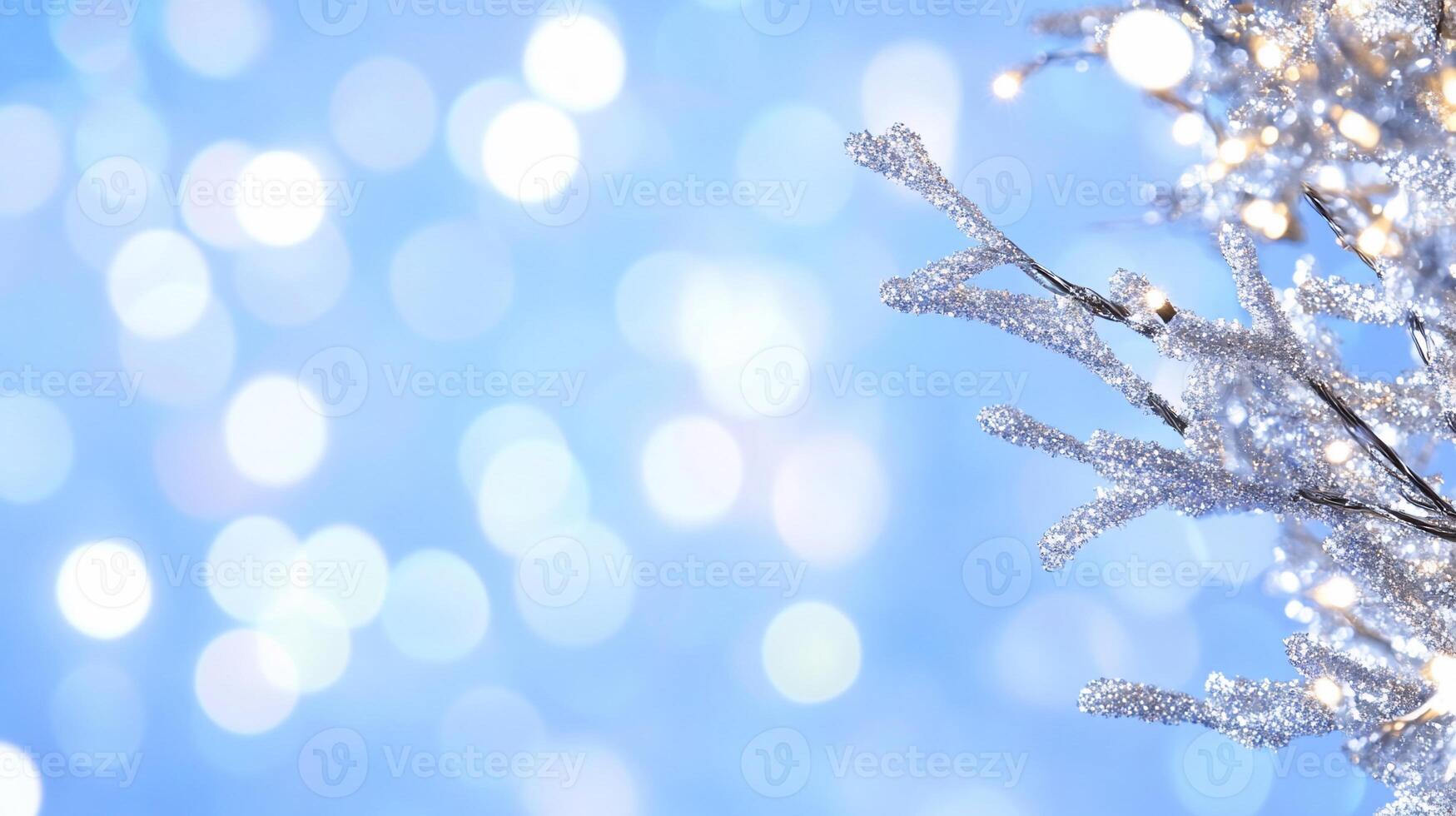 A sparkling winter scene with blurred lights and frosty branches. photo