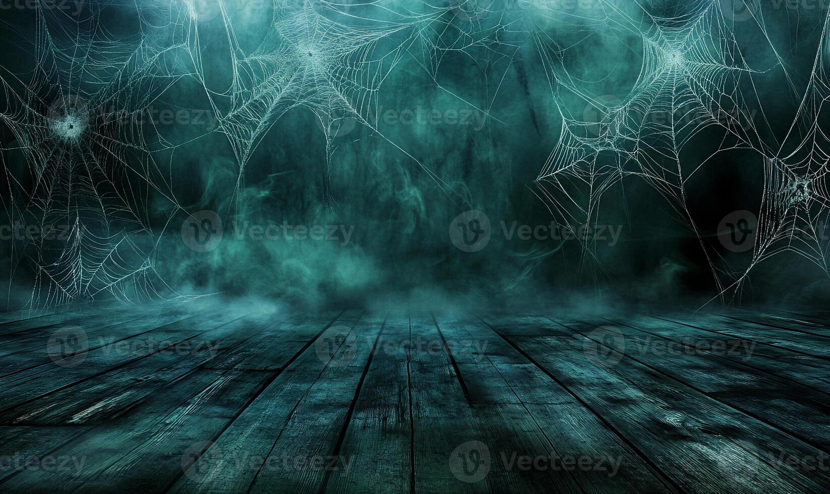Dark, misty background with spider webs, ideal for Halloween themes. photo