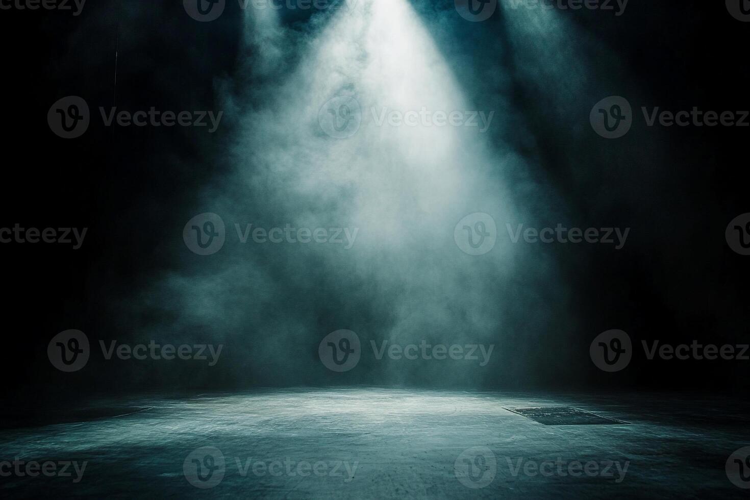 A dimly lit stage with beams of light and smoke, creating a dramatic atmosphere. photo