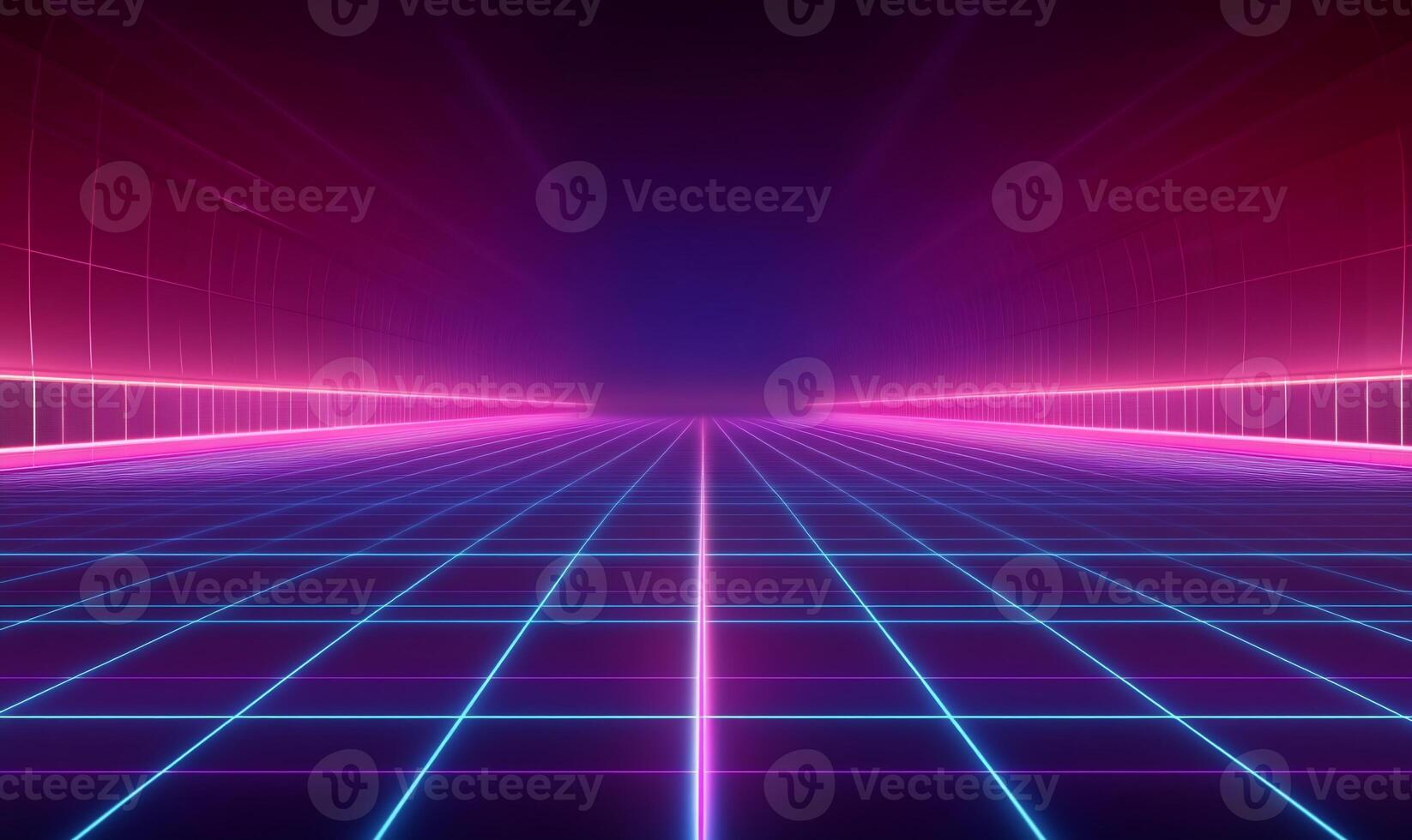 A vibrant, retro-futuristic landscape with neon grid lines. photo